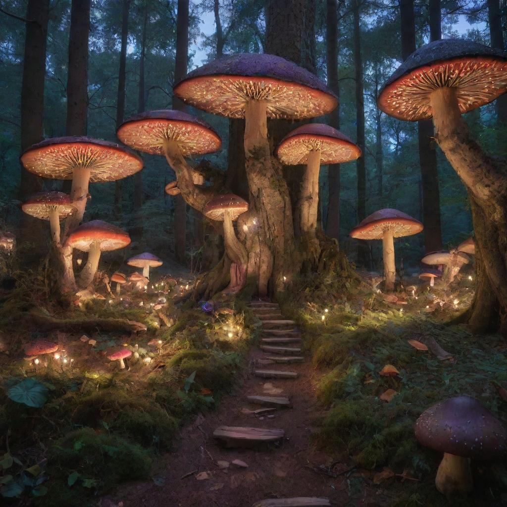 A whimsical forest fairyland named Rodario, bathed in twilight glow, with towering ancient trees, multicolored mushrooms, and sparkling fairy lights.