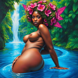 A polished, oil-based painting depicting a full body macro view of a gorgeous nude black woman