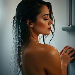 A woman taking a shower, water cascading down her body, enveloped in steam, highlighting her silhouette