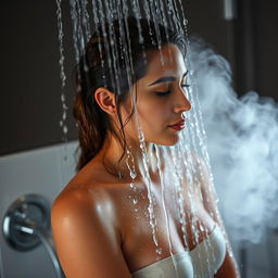 A woman taking a shower, water cascading down her body, enveloped in steam, highlighting her silhouette