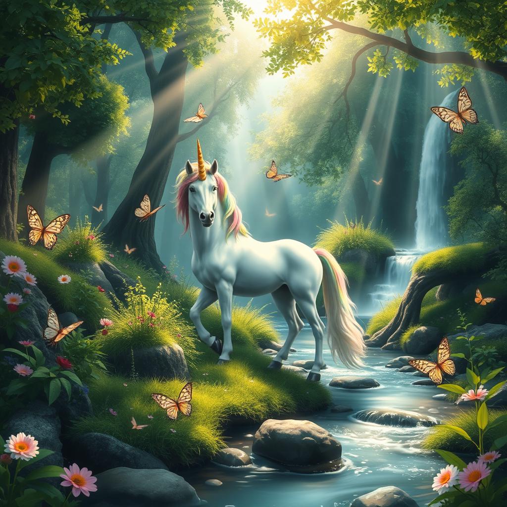 a magical scene depicting an enchanted forest, with lush, green foliage and beams of sunlight filtering through the trees, creating a mystical atmosphere