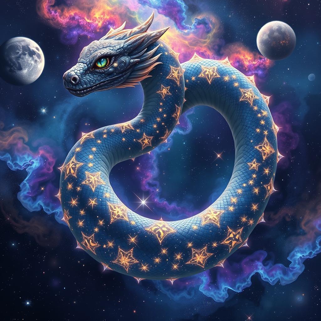 A celestial serpent winding elegantly among galaxies, stars glistening along its scales like shimmering jewels