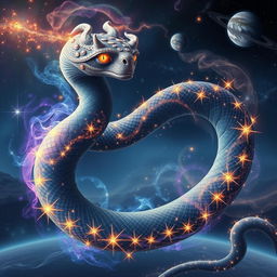 A celestial serpent winding elegantly among galaxies, stars glistening along its scales like shimmering jewels