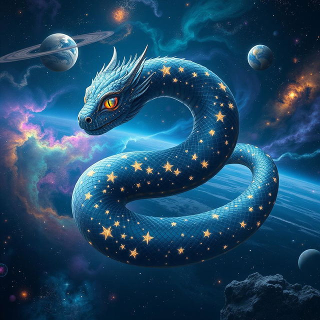 A celestial serpent winding elegantly among galaxies, stars glistening along its scales like shimmering jewels