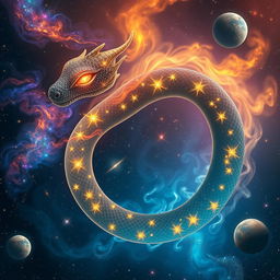 A celestial serpent winding elegantly among galaxies, stars glistening along its scales like shimmering jewels