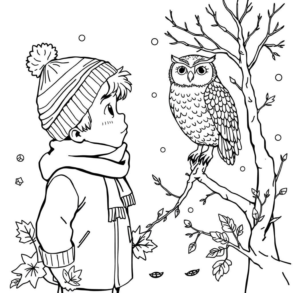 Black and white coloring book illustration capturing the essence of fall and winter with a detailed scene of a young boy interacting with an owl