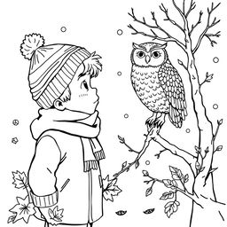 Black and white coloring book illustration capturing the essence of fall and winter with a detailed scene of a young boy interacting with an owl