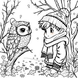 Black and white coloring book illustration capturing the essence of fall and winter with a detailed scene of a young boy interacting with an owl