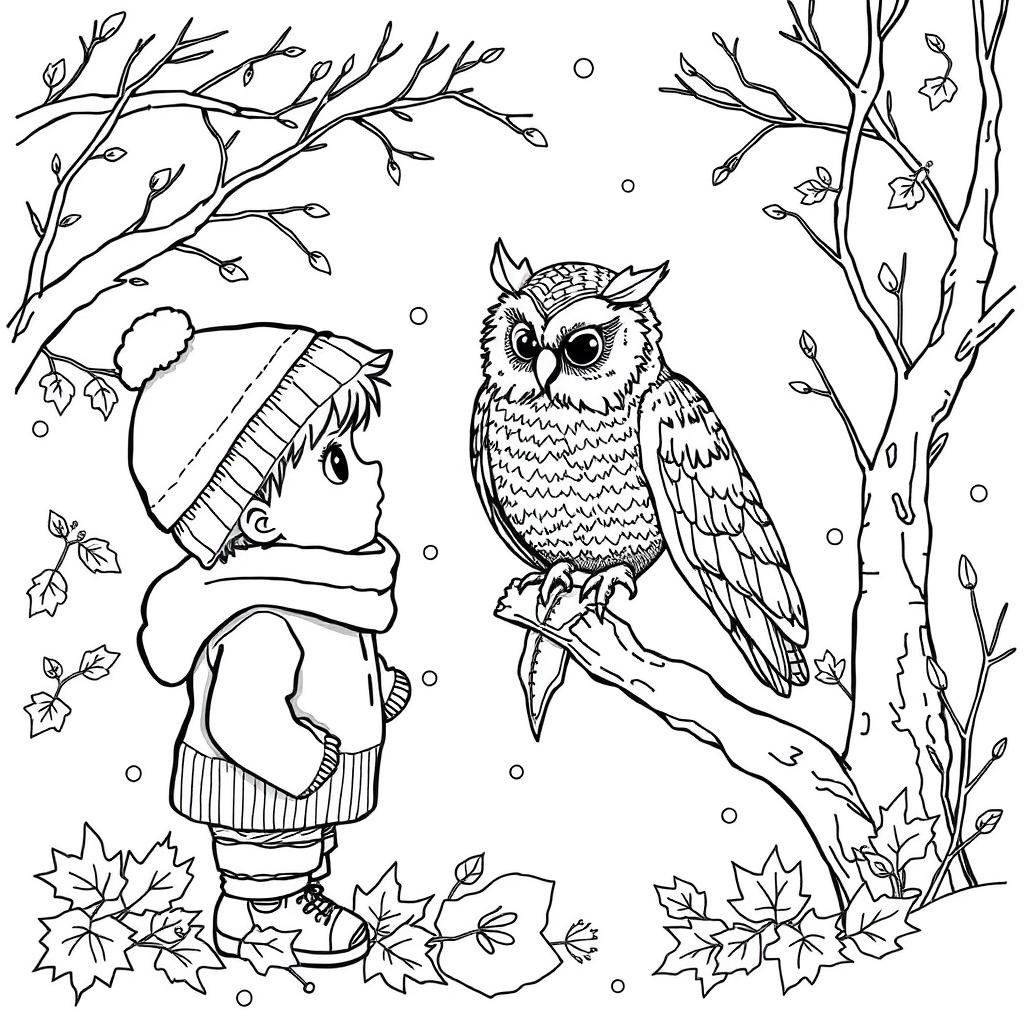 Black and white coloring book illustration capturing the essence of fall and winter with a detailed scene of a young boy interacting with an owl