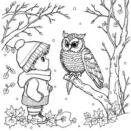 Black and white coloring book illustration capturing the essence of fall and winter with a detailed scene of a young boy interacting with an owl