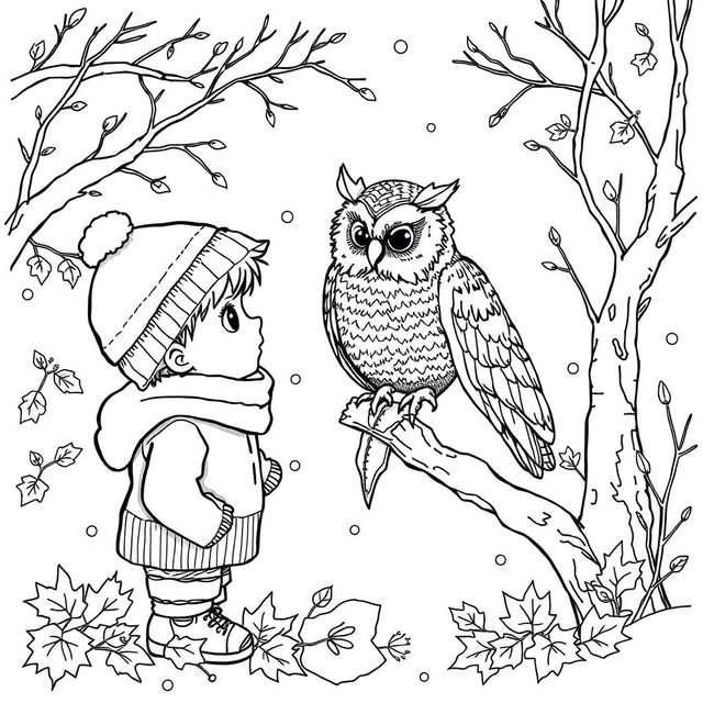 Black and white coloring book illustration capturing the essence of fall and winter with a detailed scene of a young boy interacting with an owl