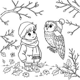Black and white coloring book illustration capturing the essence of fall and winter with a detailed scene of a young boy interacting with an owl