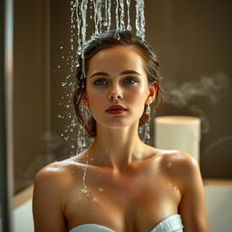 A beautiful woman resembling Emma Watson, portrayed in a tasteful and respectful manner, is enjoying a shower in a luxurious, modern bathroom