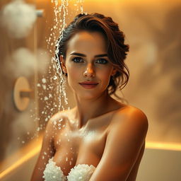 A beautiful woman resembling Emma Watson, portrayed in a tasteful and respectful manner, is enjoying a shower in a luxurious, modern bathroom