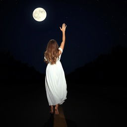 A woman in a flowing white dress standing alone on a deserted road at night