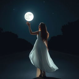 A woman in a flowing white dress standing alone on a deserted road at night