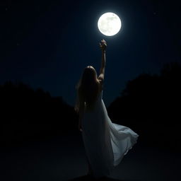 A woman in a flowing white dress standing alone on a deserted road at night