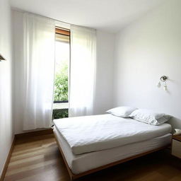 A small, stylish white bedroom with the unique feature of a window positioned directly behind the bed, streaming natural light into the room