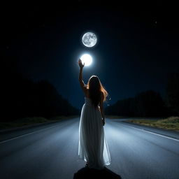 A woman in a flowing white dress standing alone on a deserted road at night