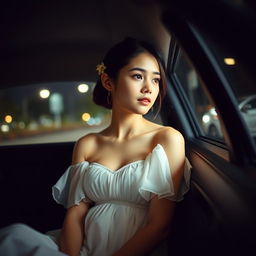 A young woman in a flowing white dress seated in the passenger seat of a vehicle