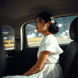 A young woman in a flowing white dress seated in the passenger seat of a vehicle