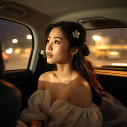 A young woman in a flowing white dress seated in the passenger seat of a vehicle