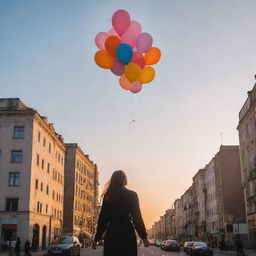 A joyful person in a city who has just learned they can rejoice without fear. In the sky, there are balloons and a beautiful sunset. All buildings are gleaming with an unusual light