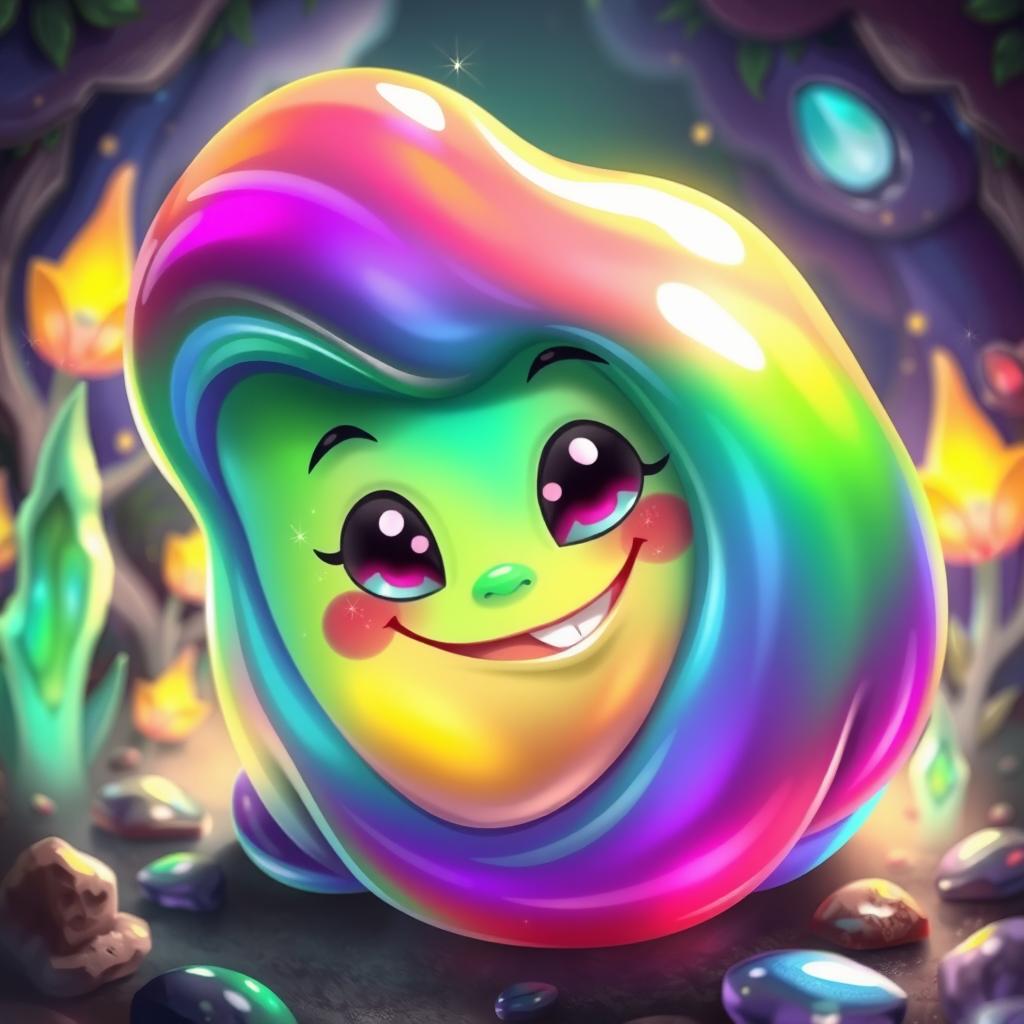 A vibrant and colorful depiction of a slime creature, featuring a glossy, translucent, and gelatinous texture