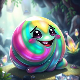 A vibrant and colorful depiction of a slime creature, featuring a glossy, translucent, and gelatinous texture