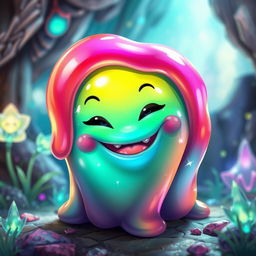 A vibrant and colorful depiction of a slime creature, featuring a glossy, translucent, and gelatinous texture