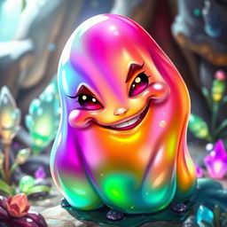 A vibrant and colorful depiction of a slime creature, featuring a glossy, translucent, and gelatinous texture