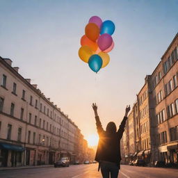 A joyful person in a city who has just learned they can rejoice without fear. In the sky, there are balloons and a beautiful sunset. All buildings are gleaming with an unusual light