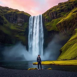 A stunning vista of Iceland's majestic Skogafoss waterfall, surrounded by lush green cliffs