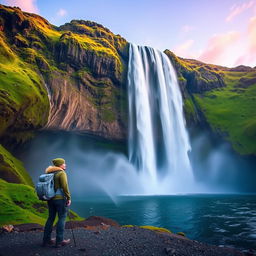 A stunning vista of Iceland's majestic Skogafoss waterfall, surrounded by lush green cliffs