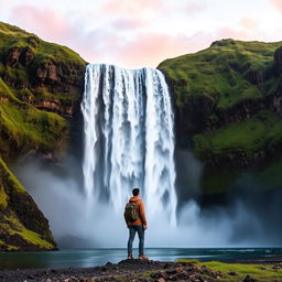 A stunning vista of Iceland's majestic Skogafoss waterfall, surrounded by lush green cliffs