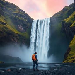 A stunning vista of Iceland's majestic Skogafoss waterfall, surrounded by lush green cliffs