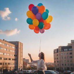 A joyful person in a city who has just learned they can rejoice without fear. In the sky, there are balloons and a beautiful sunset. All buildings are gleaming with an unusual light