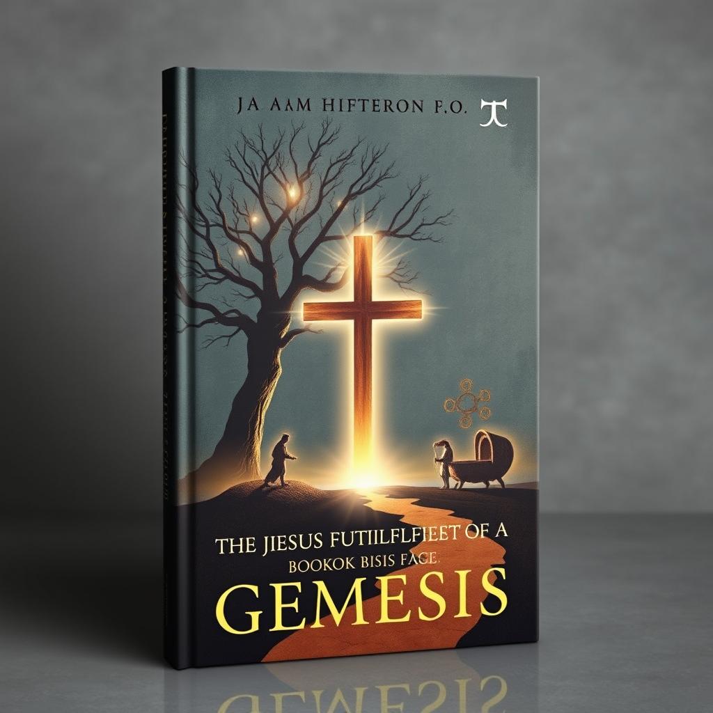 A meticulously designed, scholarly book cover illustrating how Jesus fulfills the Book of Genesis, focusing on professional and academic aesthetics without depicting His face