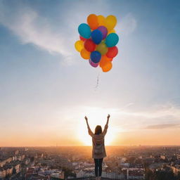 A joyful person in a city who has just learned they can rejoice without fear. In the sky, there are balloons and a beautiful sunset. All buildings are gleaming with an unusual light