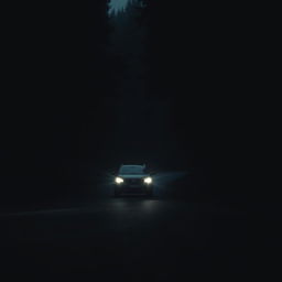 A man driving his car along a dark, winding road, immersed in the depths of thick, shadowy forests