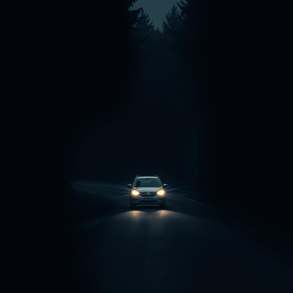 A man driving his car along a dark, winding road, immersed in the depths of thick, shadowy forests