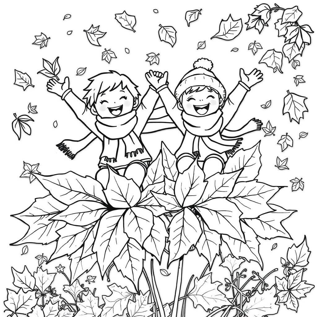 Black and white coloring book illustration capturing the essence of fall and winter