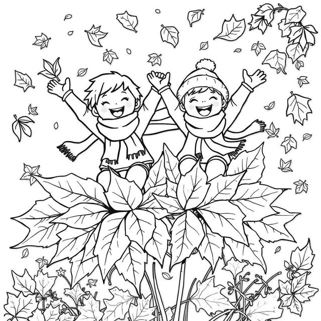 Black and white coloring book illustration capturing the essence of fall and winter