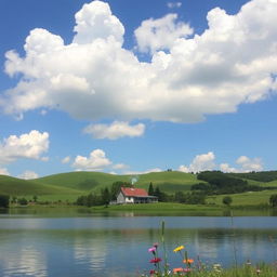 A serene and picturesque landscape featuring lush green hills under a clear blue sky, punctuated with fluffy white clouds