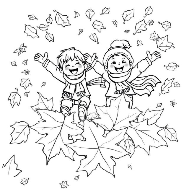 Black and white coloring book illustration capturing the essence of fall and winter