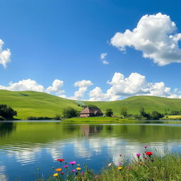 A serene and picturesque landscape featuring lush green hills under a clear blue sky, punctuated with fluffy white clouds