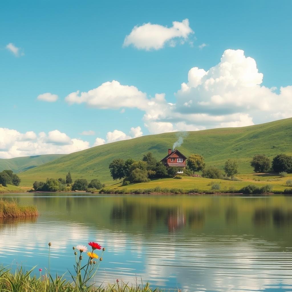 A serene and picturesque landscape featuring lush green hills under a clear blue sky, punctuated with fluffy white clouds