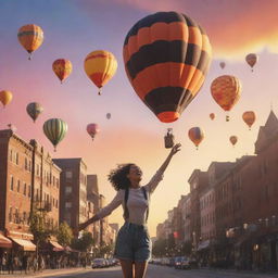 An animated style image of a joyful person in a city with hot air balloons in the sky, a beautiful sunset, and buildings gleaming with unusual light; celebrating newfound fearlessness and joy