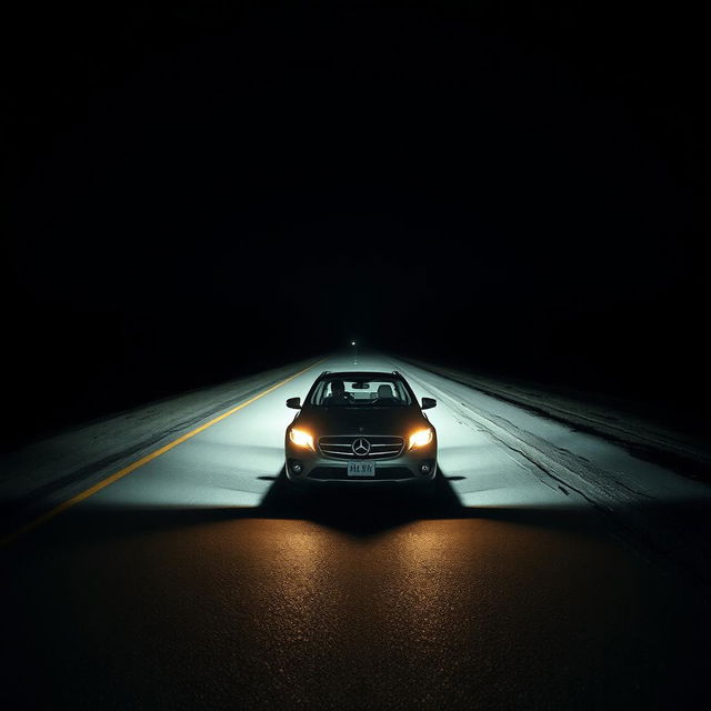 A man driving his car on a lonely road at night, encapsulating the solitude of a remote journey