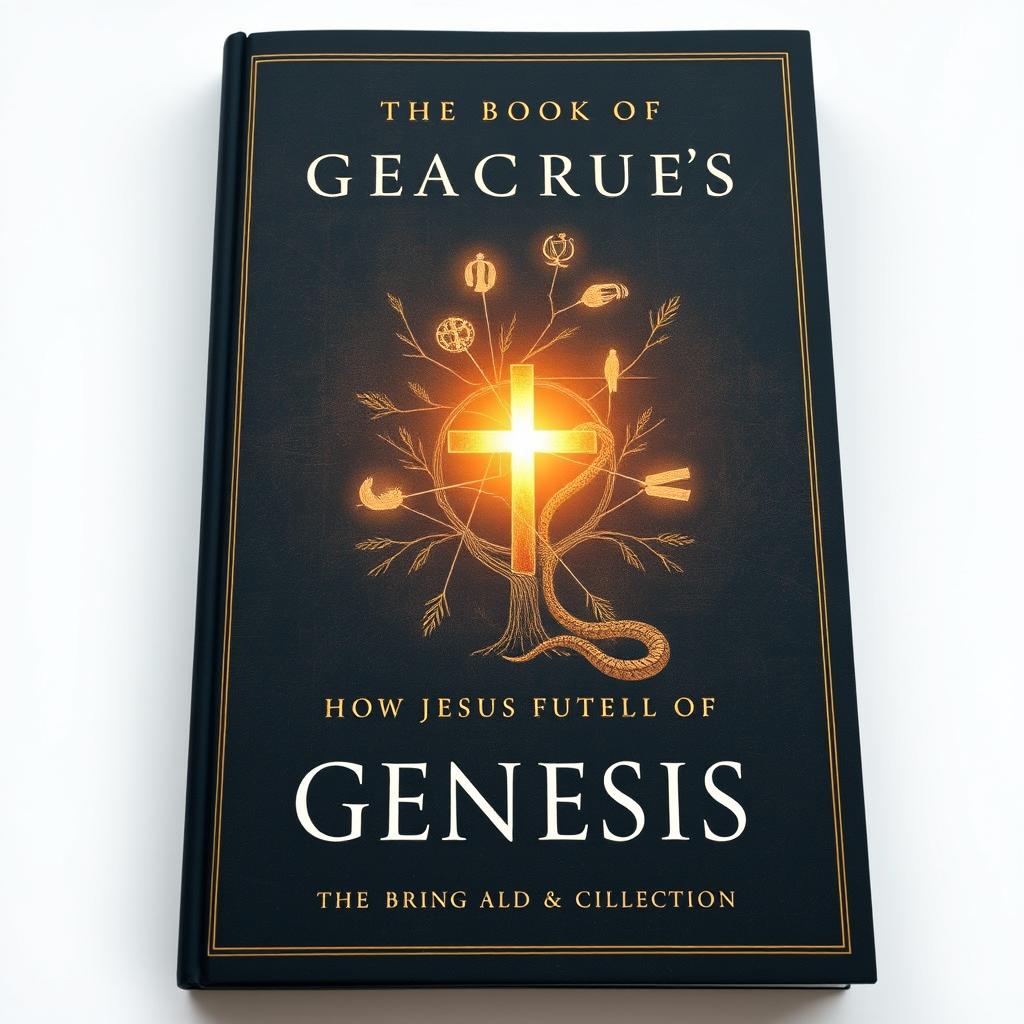 A rigorously designed, nonfiction book cover that explores how Jesus fulfills the Book of Genesis, embodying professional and academic aesthetics without depicting His face